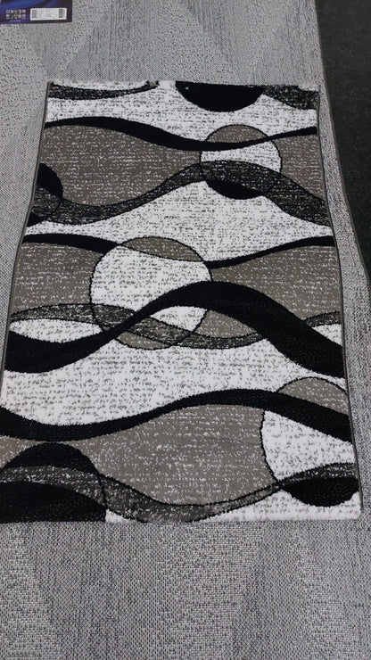 Covor cu insertii Tip Cercuri si Lini,Gri/Negru