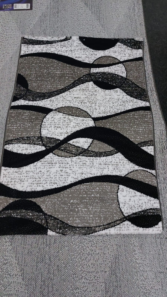Covor cu insertii Tip Cercuri si Lini,Gri/Negru