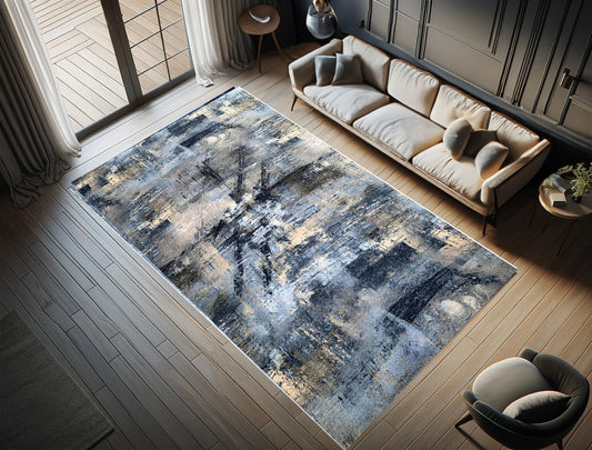 Covor Antiderapant cu  Insertii Moderne Tip Valuri,Gri /Bej/Albastru/Negru