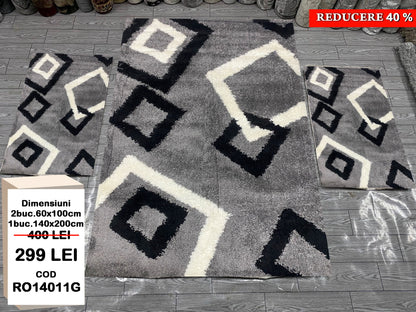 Set Covor cu Traverse Pufoase Shaggy Tip Patrate ,Gri/Negru/Alb