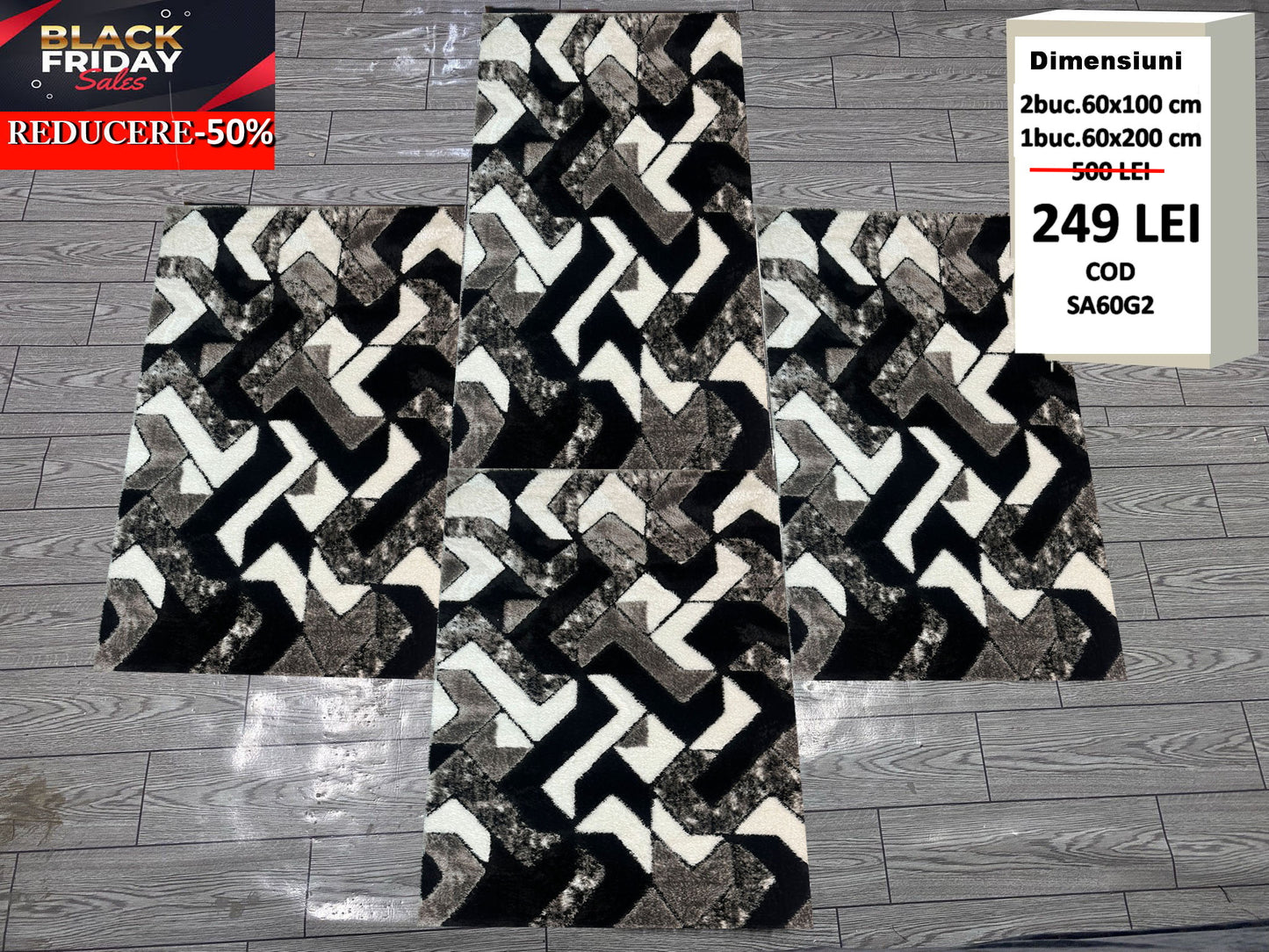 Set 3 Traverse Pufoase 3D,Gri/Alb/Negru