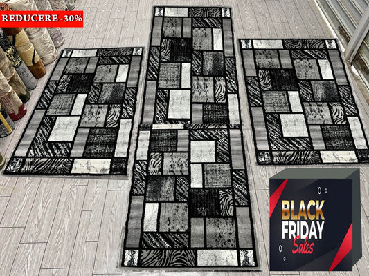 Set 3 Covoare Dormitor cu Insertii Geometrice Tip Patrate ,Gri/Negru