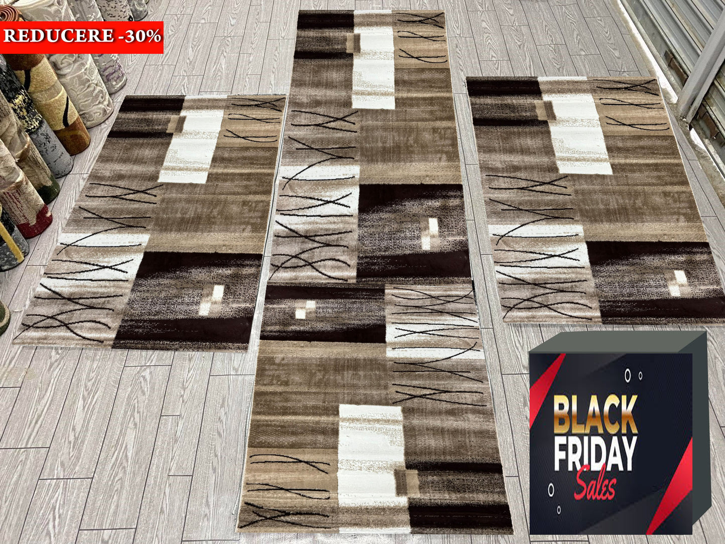 Set 3 Traverse cu Insertii Geometrice Tip Semnatura,Bej/Maro