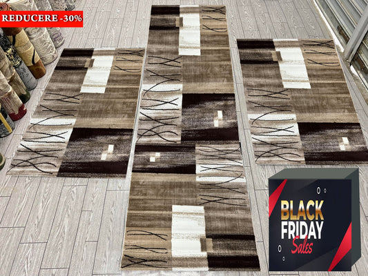 Set 3 Traverse cu Insertii Geometrice Tip Semnatura,Bej/Maro