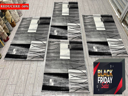 Set 3 Traverse cu Insertii Geometrice Tip Semnatura,Gri/Negru/Alb