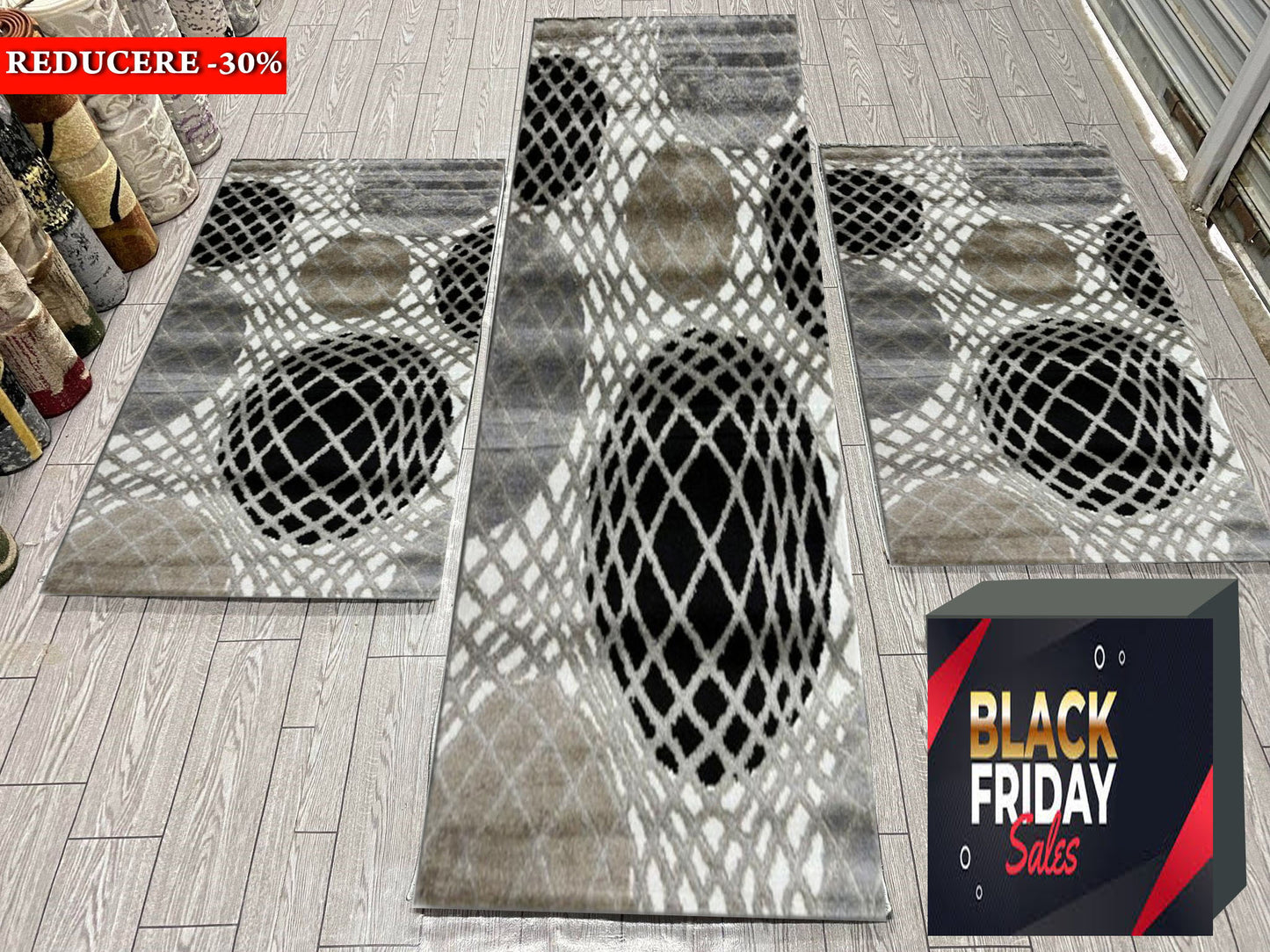 Set 3 Traverse cu Insertii Geometrice Tip Sfera 3D ,Gri/Bej