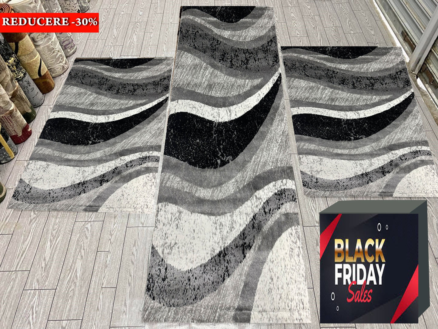 Set 3 Traverse cu Insertii Geometrice Tip Valuri,Gri/Negru/Alb