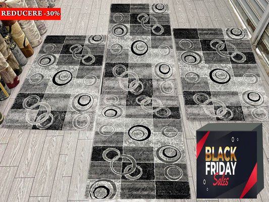 Set 3 Traverse cu Insertii Geometrice Tip Cercuri,Gri/Negru