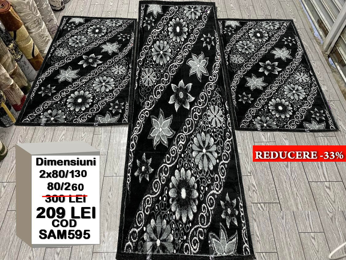 Set 3 Traverse cu Insertii Florale,Negru/Gri