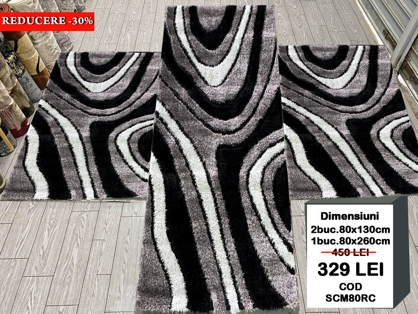 Set 3 Covoare Dormitor Pufoase cu Fir de Matase si Bumbac tip Frunze,Gri/Negru