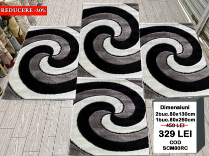 Set 3 Covoare Dormitor Pufoase cu Fir de Matase si Bumbac tip Frunze,Gri/Negru