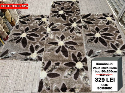 Set 3 Traverse Pufoase cu Fir de Matase si Bumbac cu Insertii Florale,Bej/Capucino/Maro