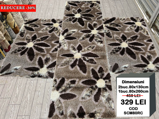 Set 3 Traverse Pufoase cu Fir de Matase si Bumbac cu Insertii Florale,Bej/Capucino/Maro
