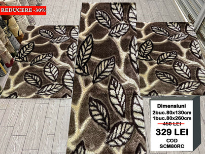 Set 3 Covoare Dormitor Pufoase cu Fir de Matase si Bumbac cu Insertii Geometrice,Bej/Capucino/Maro