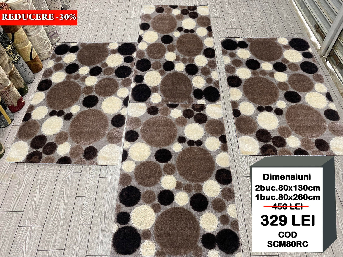 Set 3 Covoare Dormitor Pufoase cu Fir de Matase si Bumbac cu Insertii Geometrice,Bej/Capucino/Maro