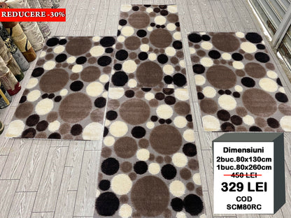 Set 3 Covoare Dormitor Pufoase cu Fir de Matase si Bumbac cu Insertii Geometrice,Bej/Capucino/Maro