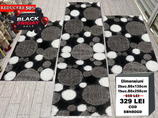 Set 3 Traverse Pufoase cu Fir de Matase si Bumbac tip Buline,Gri/Negru/Alb