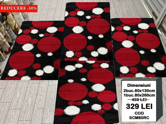 Set 3 Covoare Dormitor Pufoase cu Fir de Matase si Bumbac tip Buline,Gri/Negru/Grena