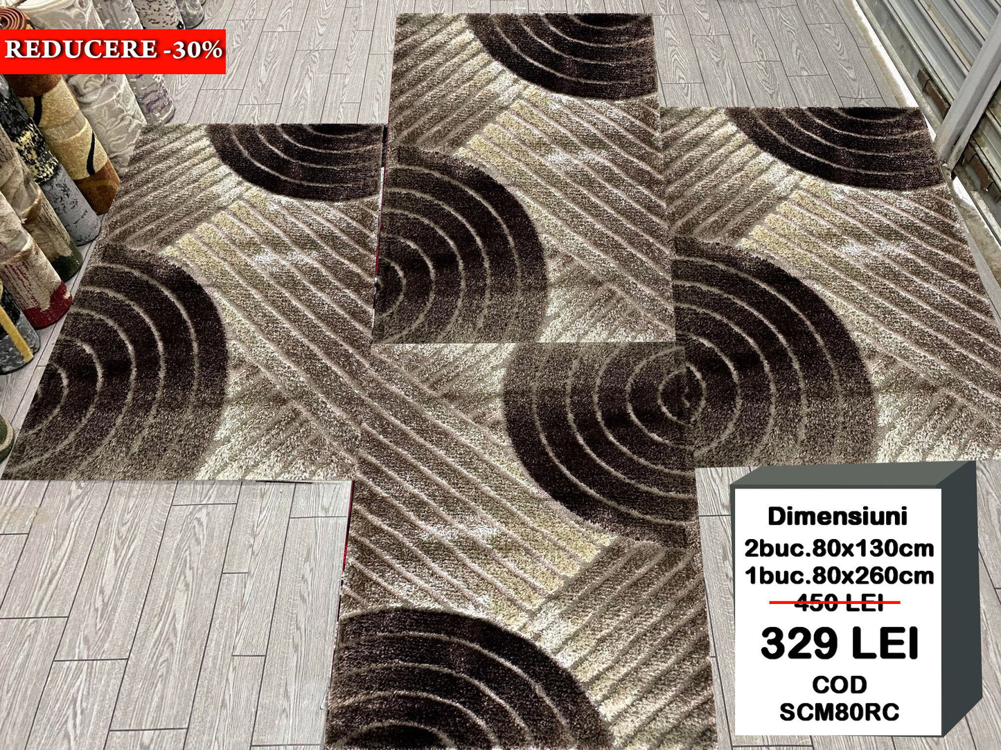 Set  3 Covoare Dormitor Pufoase cu Fir de Matase si Bumbac cu Insertii Geometrice,Bej/Capucino/Maro