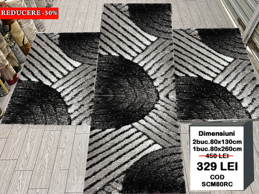 Set 3 Covoare Dormitor Pufoase cu Fir de Matase si Bumbac tip Cercuri,Gri/Negru