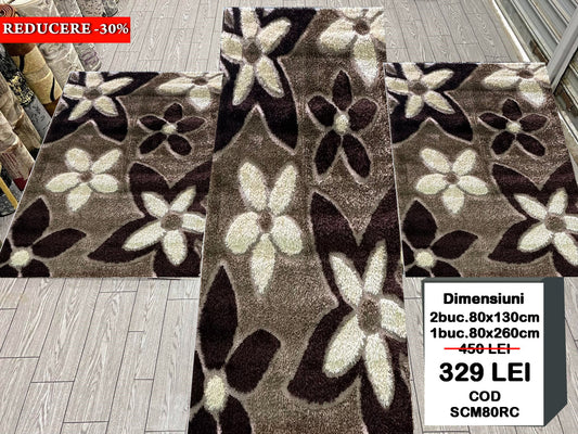 Set 3 Covoare Dormitor Pufoase cu Fir de Matase si Bumbac cu Insertii Geometrice,Bej/Capucino/Maro