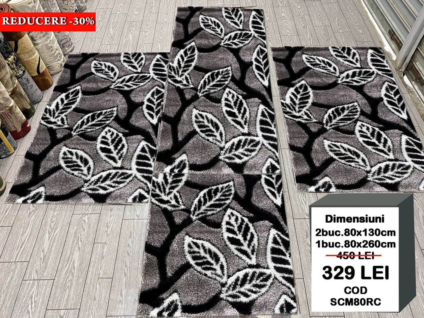 Set 3 Covoare Dormitor Pufoase cu Fir de Matase si Bumbac tip Frunze,Gri/Negru