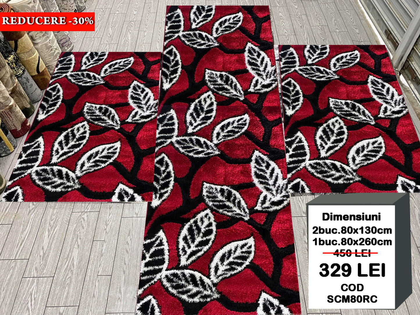 Set 3 Covoare Dormitor Pufoase de Matase si Bumbac 3D tip Pietre,Grena/Alb/Negru