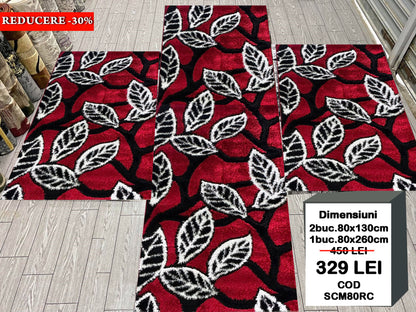 Set 3 Covoare Dormitor Pufoase de Matase si Bumbac 3D tip Pietre,Grena/Alb/Negru
