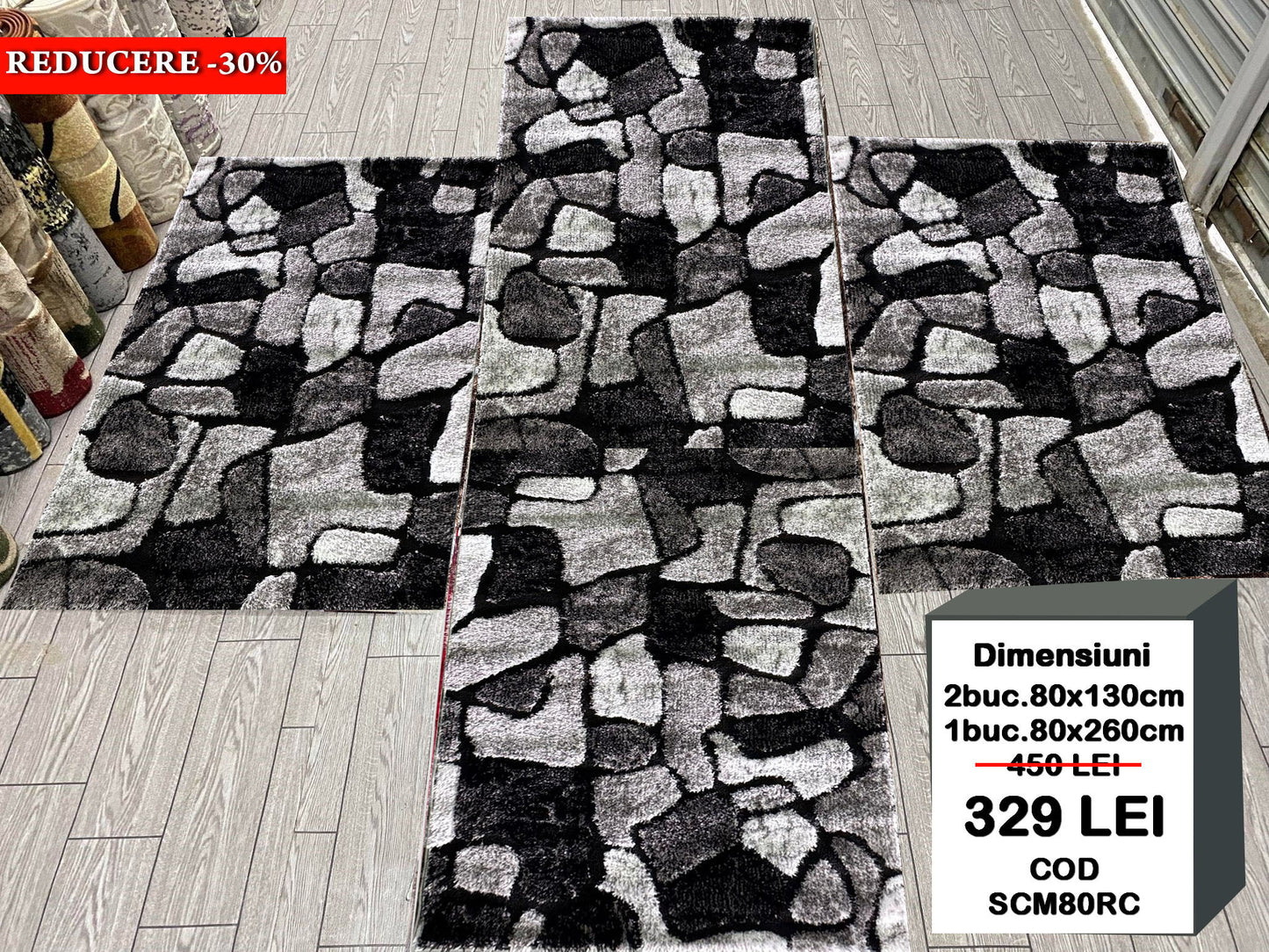 Set 3 Covoare Dormitor Pufoase cu Fir de Matase si Bumbac tip Pietre,Gri/Negru