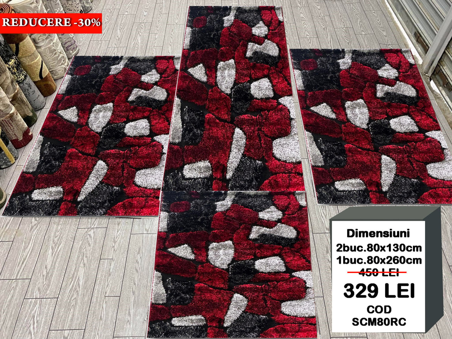 Set 3 Covoare Dormitor Pufoase de Matase si Bumbac 3D tip Pietre,Grena/Alb/Negru