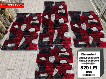 Set 3 Covoare Dormitor Pufoase de Matase si Bumbac 3D tip Pietre,Grena/Alb/Negru