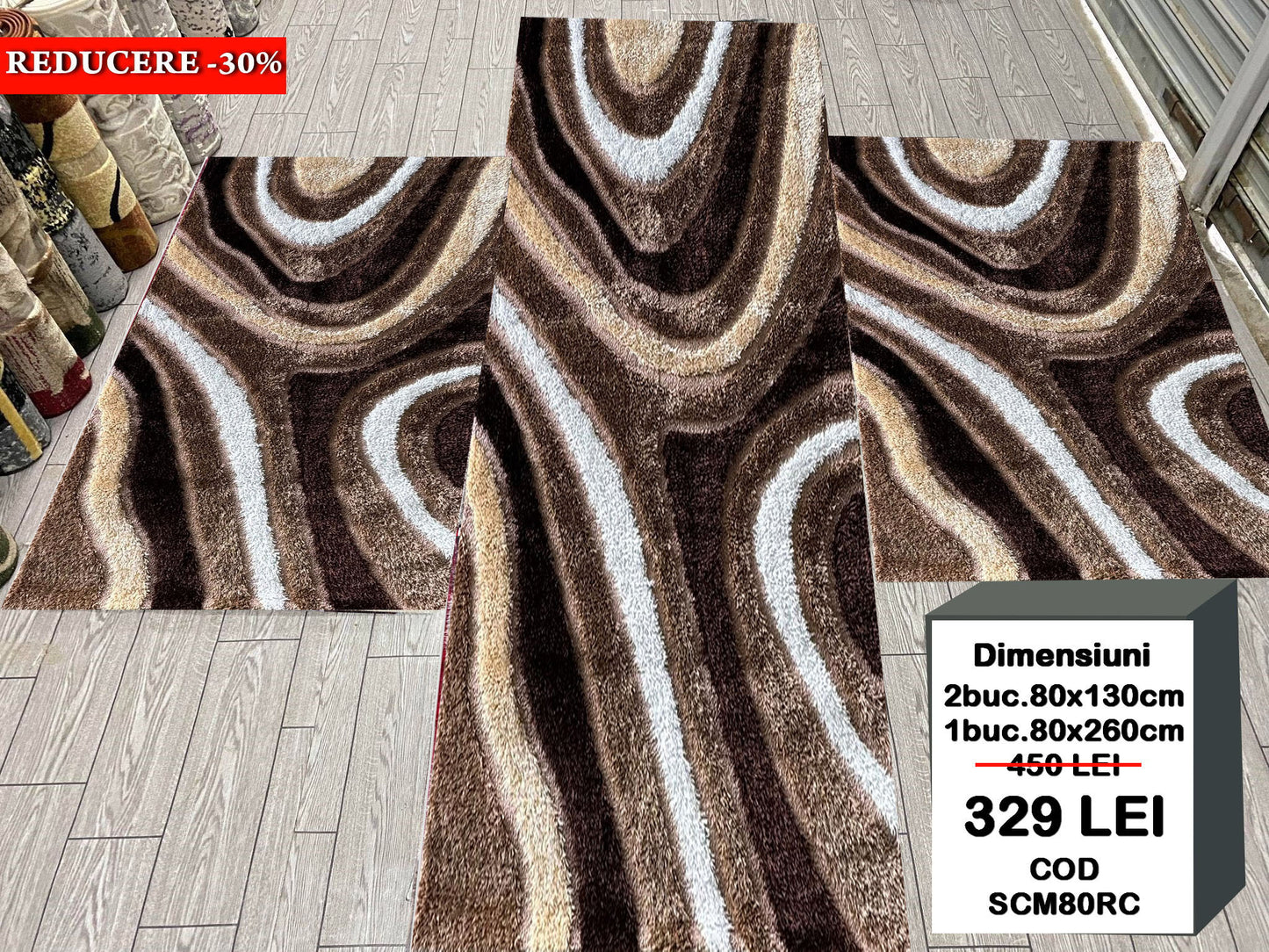 Set 3  Covoare Dormitor Pufoase cu Fir de Matase si Bumbac cu Insertii Geometrice,Bej/Capucino/Maro