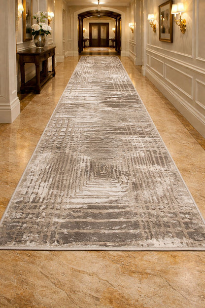Traversa de Hol cu Insertii Geometrice tip Patrate,Bej/Maro