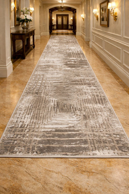 Traversa de Hol cu Insertii Geometrice tip Patrate,Bej/Maro