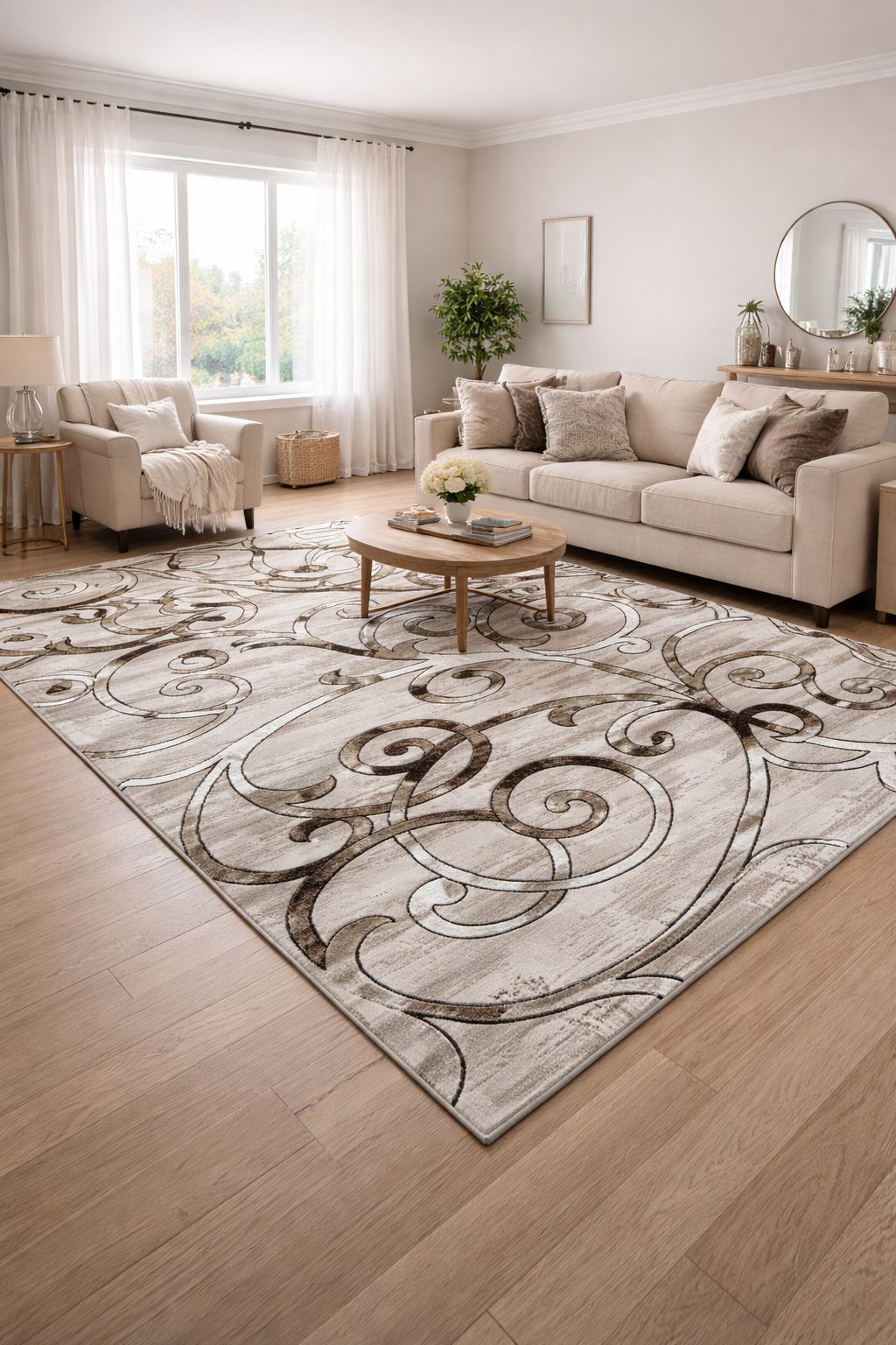 Covor cu Insertii Florale tip Crengute ,Bej/Maro