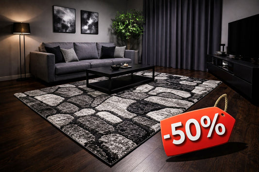 Covor Pufos cu Fir de Matase si Bumbac ,Alb/Negru/Gri