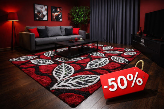 Covor Pufos de Matase si Bumbac Tip Frunze ,Grena/Gri/Negru