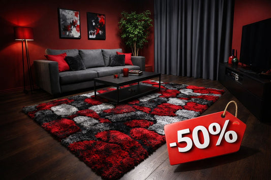 Covor Pufos de Matase si Bumbac Tip Pietre ,Grena/Gri/Negru