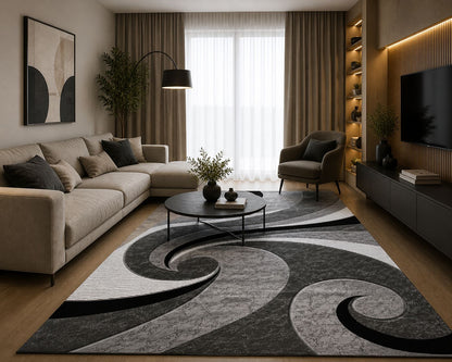 Covor Living Cu Insertii Tip Valuri , Gri/Negru/Crem