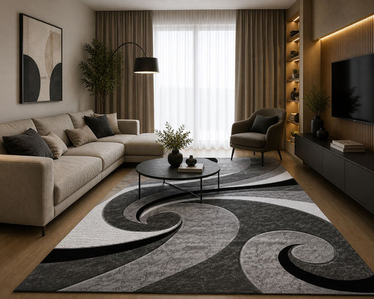 Covor Living Cu Insertii Tip Valuri , Gri/Negru/Crem