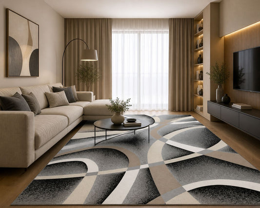 Covor Living Cu Insertii Tip Linii, Gri/Negru/Crem