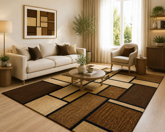 Covor Living Cu Insertii Tip Lini Patrate,Bej/Maro