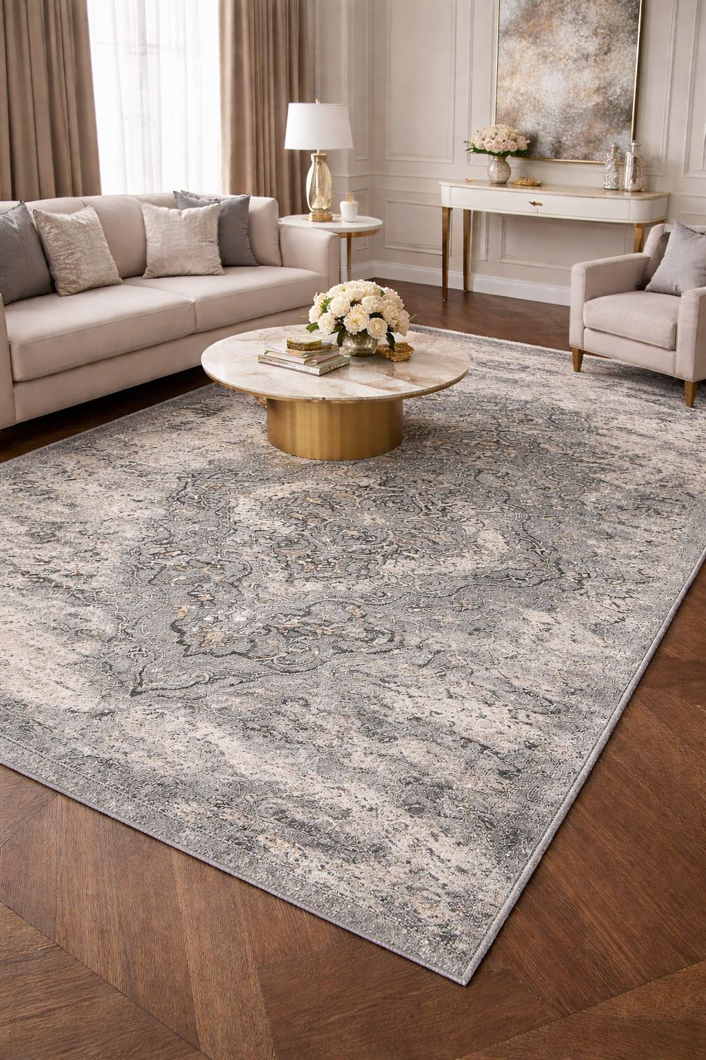 Covor Premium Model Clasic cu Medalion si Flori,Gri/Bej