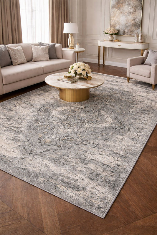 Covor Premium Model Clasic cu Medalion si Flori,Gri/Bej