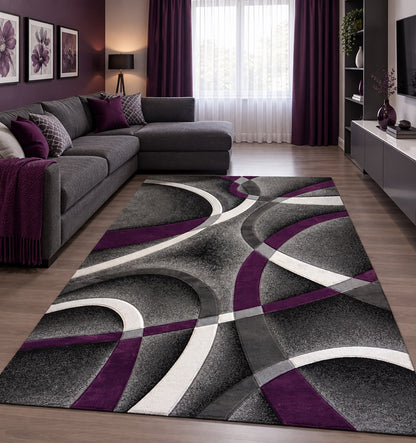 Covor cu Insertii Geometrice tip Linii,Mov/Gri