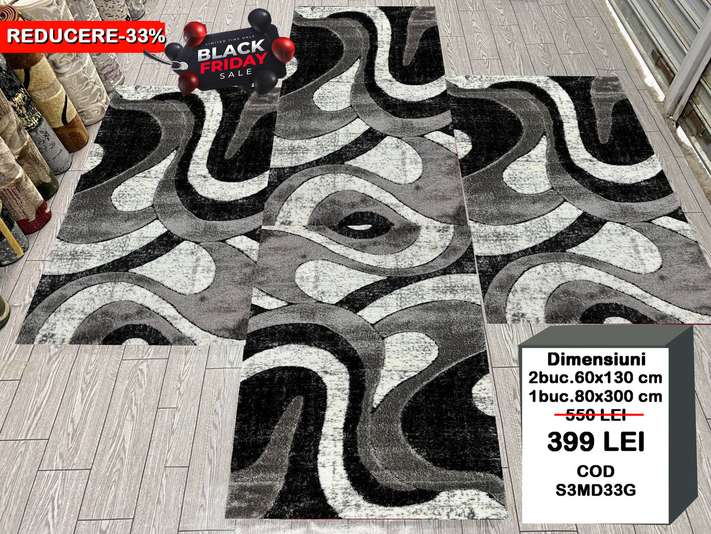 Set 3 Traverse Pufoase 3D,Gri/Negru/Alb