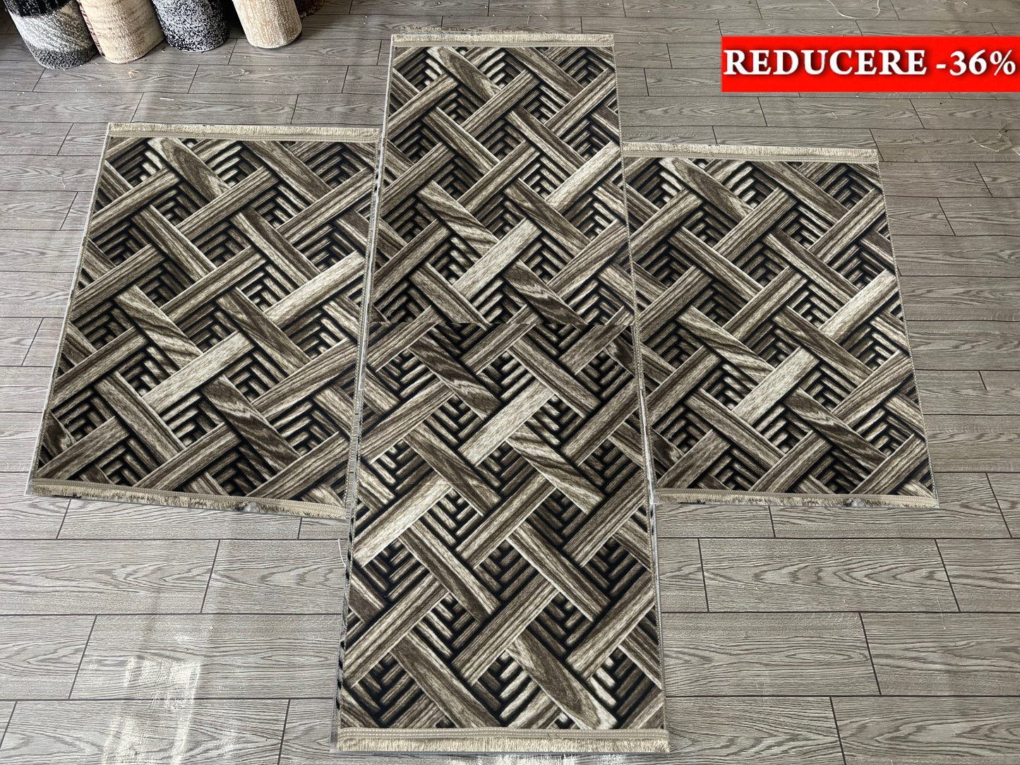 Set 3 Traverse Antiderapante Cu Insertii Tip Parchet 3D ,Bej/Maro