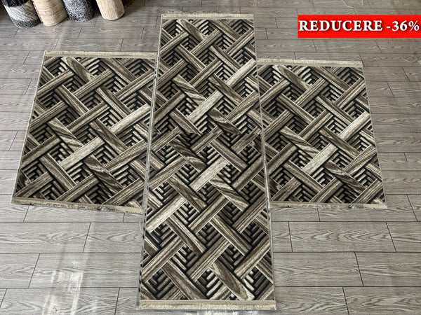 Set 3 Covoare Dormitor Antiderapante Cu Insertii Tip Parchet 3D ,Bej/Maro