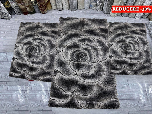 Set 3 Traverse Pufoase cu Model Floral tip Trandafir 3D,Gri/Negru