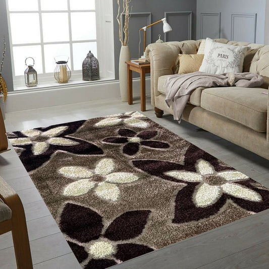 Covor Pufos de Matase si Bumbac Tip Margarete,Bej/Maro
